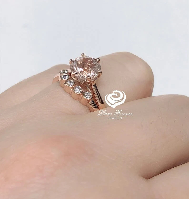 Rose Gold Morganite Round Cut Wedding Set, Round Morganite Engagement Ring, Morganite Wedding Set