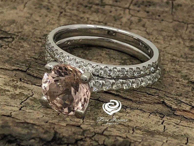 White Gold Morganite Round Cut Wedding Set, Round Morganite Engagement Ring, Morganite Wedding Set, Morganite Engagement Ring Set