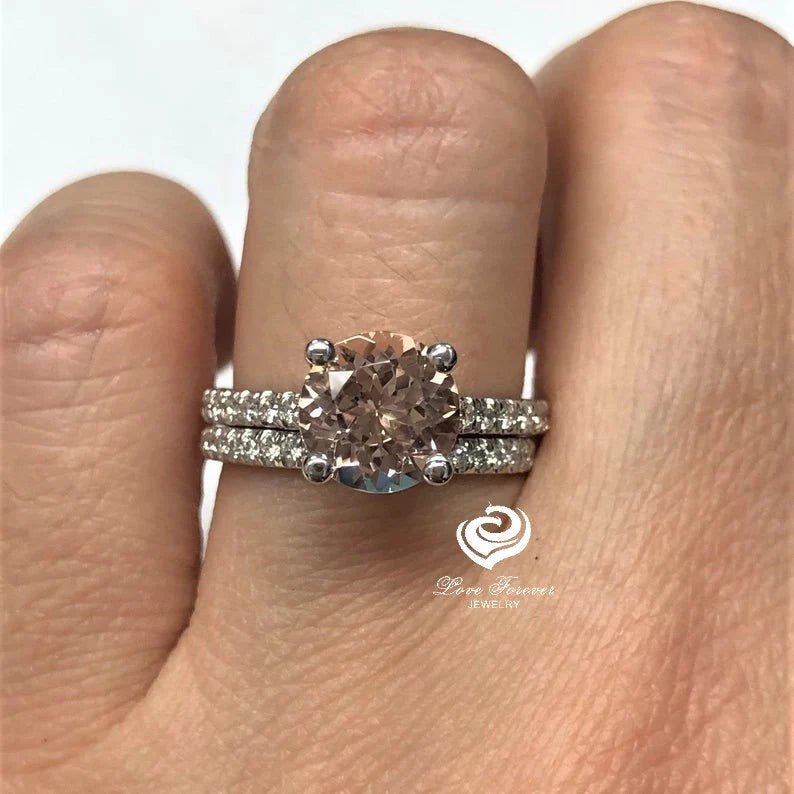 White Gold Morganite Round Cut Wedding Set, Round Morganite Engagement Ring, Morganite Wedding Set, Morganite Engagement Ring Set