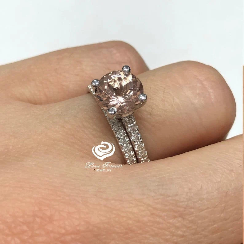 White Gold Morganite Round Cut Wedding Set, Round Morganite Engagement Ring, Morganite Wedding Set, Morganite Engagement Ring Set