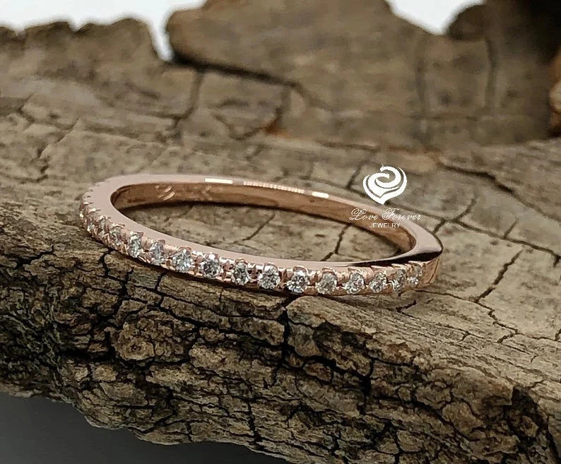 14kt Solid Gold Thin Diamond Micropave Matching Band 0.15cts Diamond Matching Wedding Band Dainty Pave Ring, Diamond Band