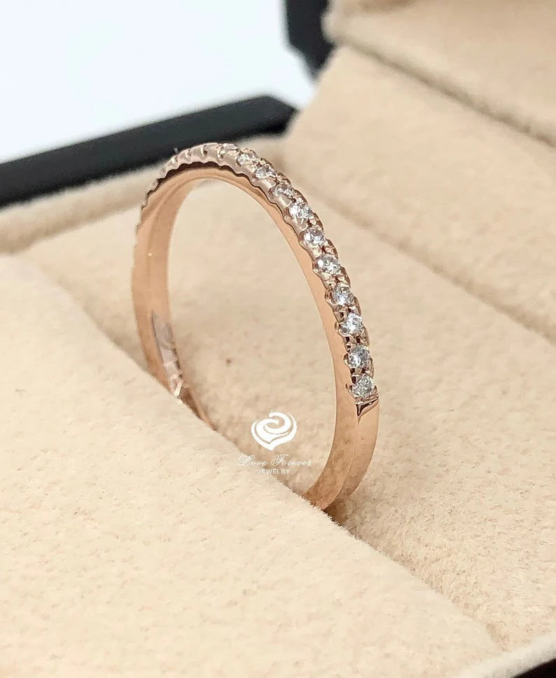 14kt Solid Gold Thin Diamond Micropave Matching Band 0.15cts Diamond Matching Wedding Band Dainty Pave Ring, Diamond Band