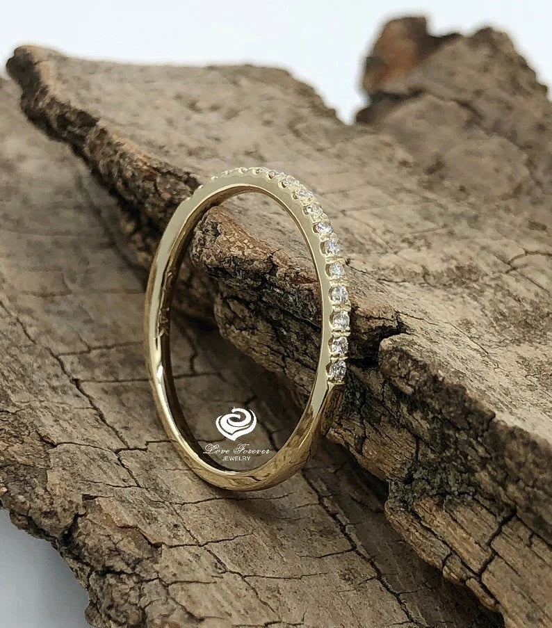 14kt Solid Gold Thin Diamond Micropave Matching Band 0.15cts Diamond Matching Wedding Band Dainty Pave Ring, Diamond Band