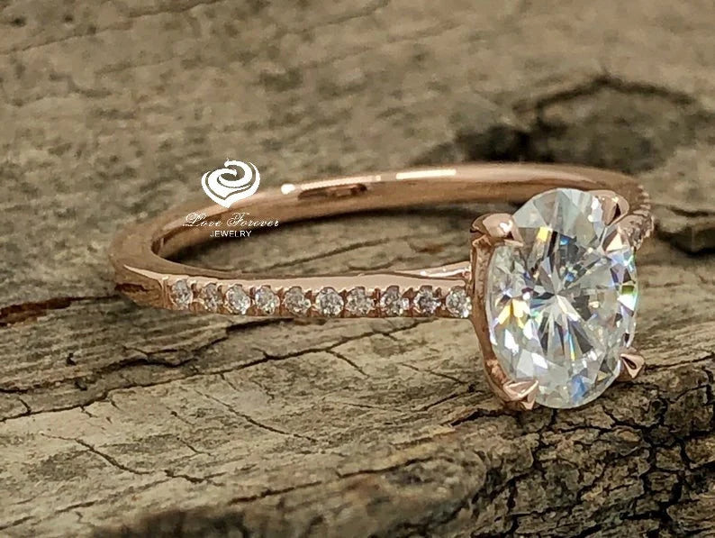 14k Rose Gold Engagement Ring Diamond Ring Certified 8x6mm/1.52ct Oval Cut Forever One G-H Color Moissanite Ring Anniversary Ring