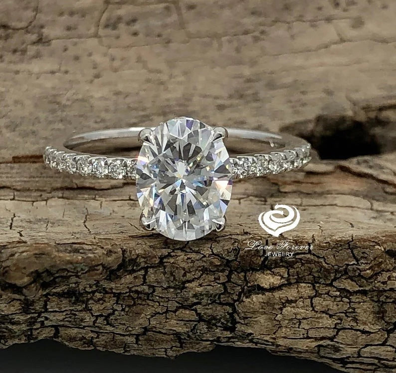 2ct Engagement Ring 14k White Gold Diamond Ring Certified 9x7mm Oval Cut Forever One D-F Color Moissanite Ring Hidden Diamond Halo Ring