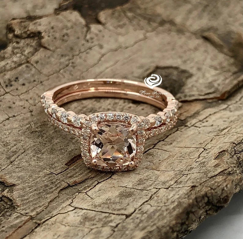 Morganite Cushion Cut Bridal Set, Cushion Morganite Engagement Ring, Morganite Wedding Set, Morganite Engagement Ring, Diamond Wedding Set