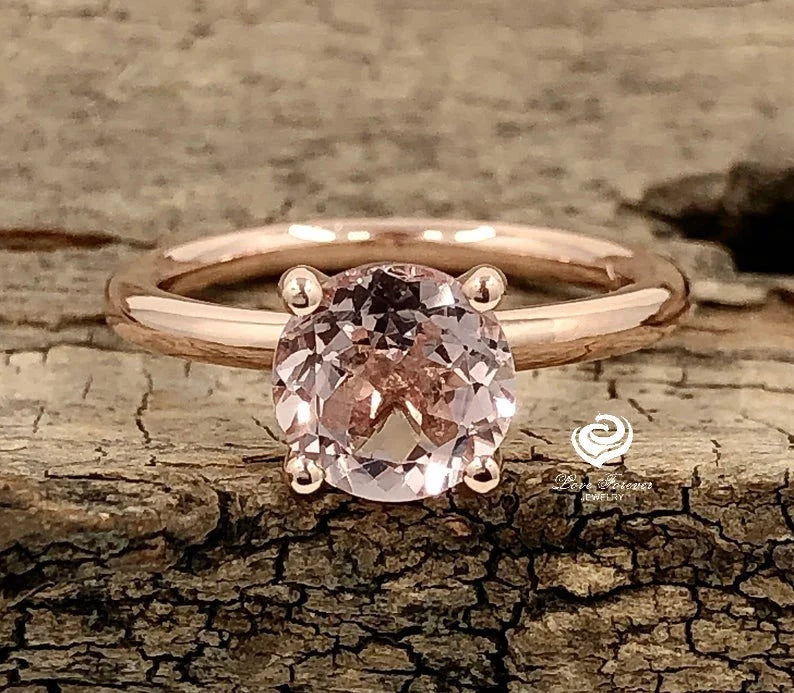 14k Rose Gold Solitaire Ring Morganite Ring 7mm Round Cut Morganite Engagement Ring Anniversary Ring