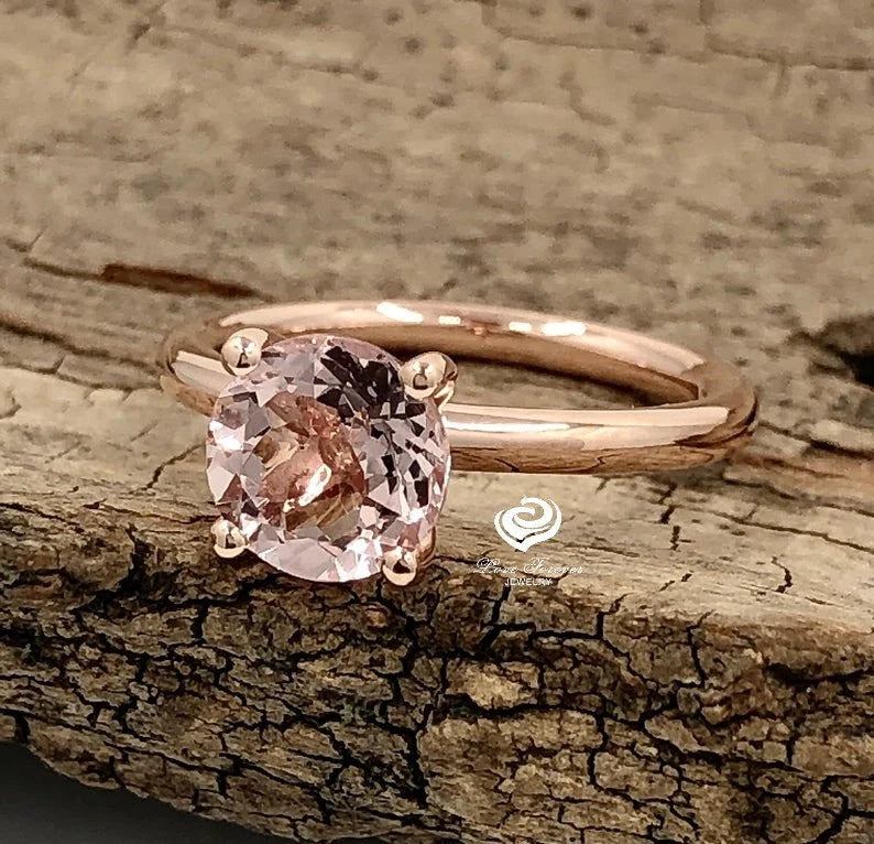 14k Rose Gold Solitaire Ring Morganite Ring 7mm Round Cut Morganite Engagement Ring Anniversary Ring