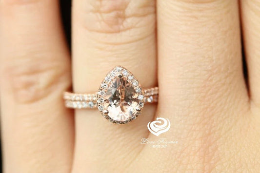 Rose Gold Morganite Pear Shape Ring Set, Pear Morganite Engagement Ring , Morganite Wedding Set, Pear Cut Morganite Ring Set, Morganite Pear