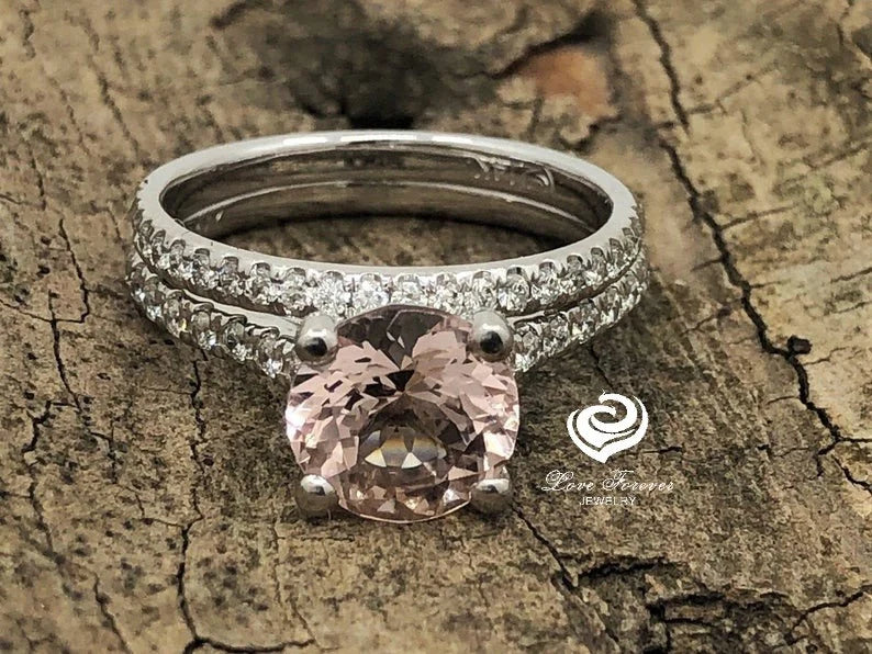 White Gold Morganite Round Cut Wedding Set, Round Morganite Engagement Ring, Morganite Wedding Set, Morganite Engagement Ring Set