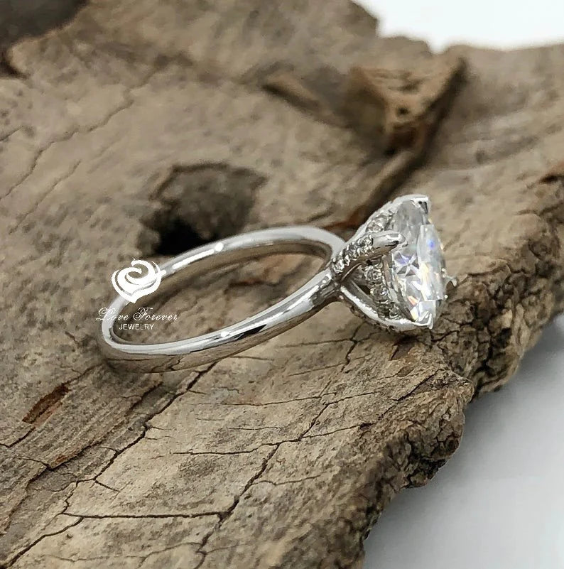 2 CT Hidden Halo Solitaire Ring, Diamond Hidden Halo Round Solitaire Ring, 14k White Gold, Round Engagement Ring, Forever One Hidden Halo