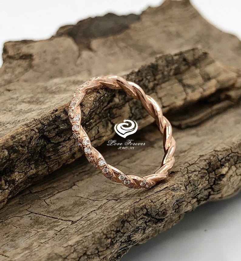 14k Rose Gold Diamond Band, Diamond Ring, Diamonds Infinity Twisted Diamond Matching Band, Half Eternity Band