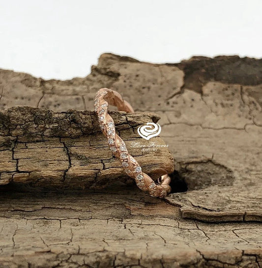 14k Rose Gold Diamond Band, Diamond Ring, Diamonds Infinity Twisted Diamond Matching Band, Half Eternity Band