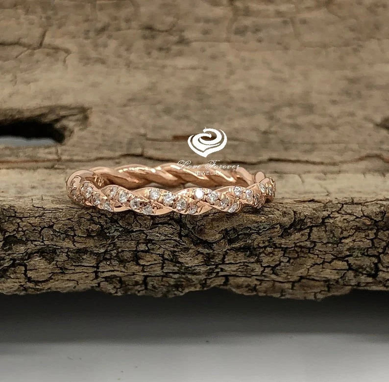 14k Rose Gold Diamond Band, Diamond Ring, Diamonds Infinity Twisted Diamond Matching Band, Half Eternity Band