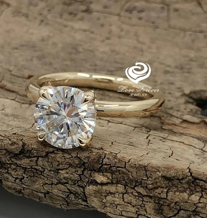 2 CT Hidden Halo Solitaire Ring, Diamond Hidden Halo Round Solitaire Ring, 14k Yellow Gold, Round Engagement Ring, Forever One Hidden Halo