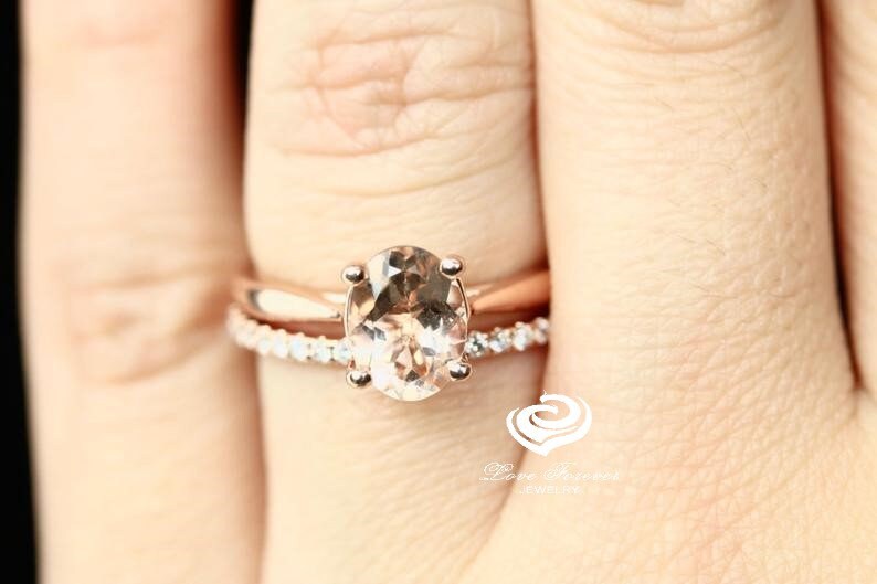 Rose Gold Morganite Oval Cut Wedding Set, Oval Morganite Engagement Ring, Morganite Wedding Set, Morganite Engagement Ring Set