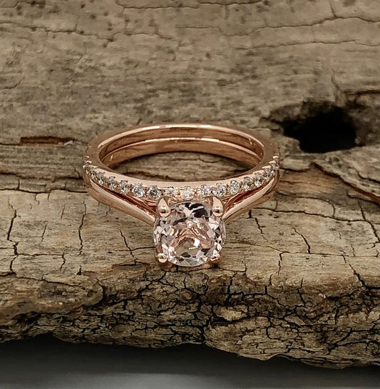 Rose Gold Morganite Round Cut Wedding Set , Round Morganite Engagement Ring , Morganite Wedding Set, Morganite Engagement Ring Set