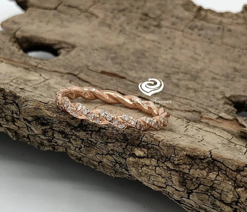 14k Rose Gold Diamond Band, Diamond Ring, Diamonds Infinity Twisted Diamond Matching Band, Half Eternity Band