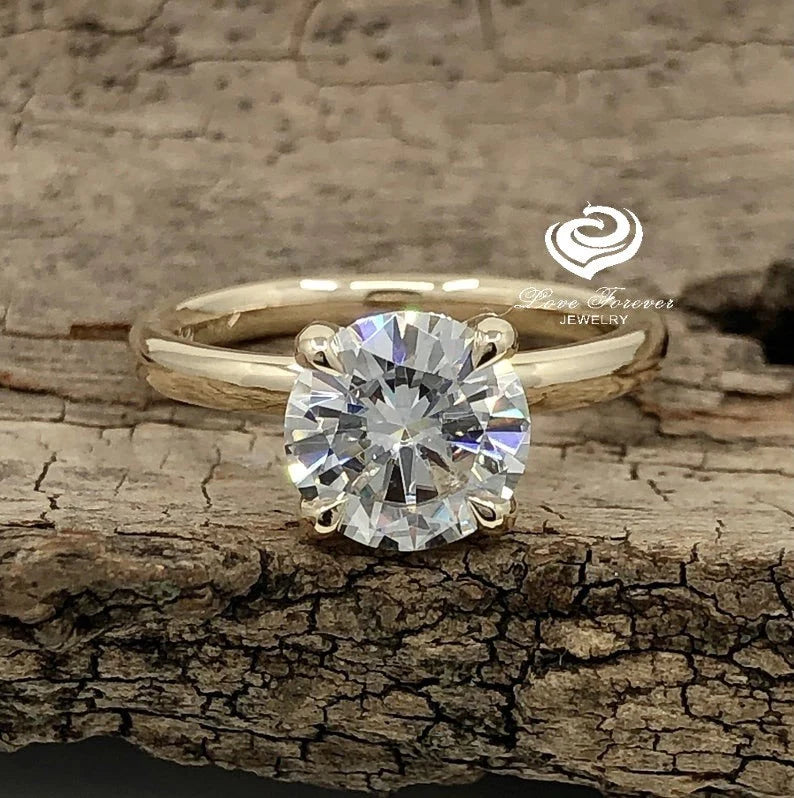 2 CT Hidden Halo Solitaire Ring, Diamond Hidden Halo Round Solitaire Ring, 14k Yellow Gold, Round Engagement Ring, Forever One Hidden Halo