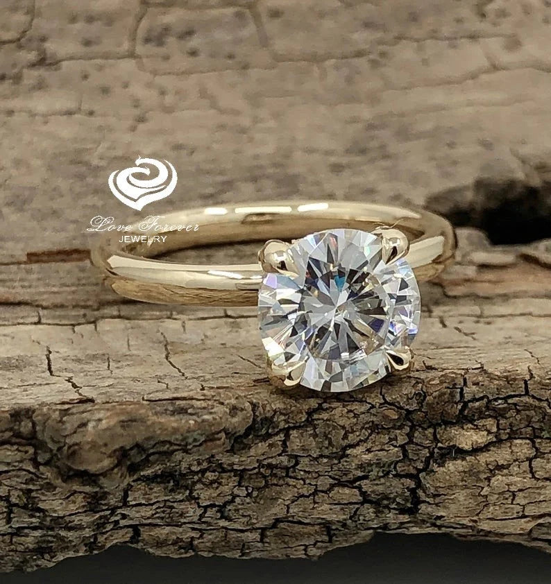 2 CT Hidden Halo Solitaire Ring, Diamond Hidden Halo Round Solitaire Ring, 14k Yellow Gold, Round Engagement Ring, Forever One Hidden Halo