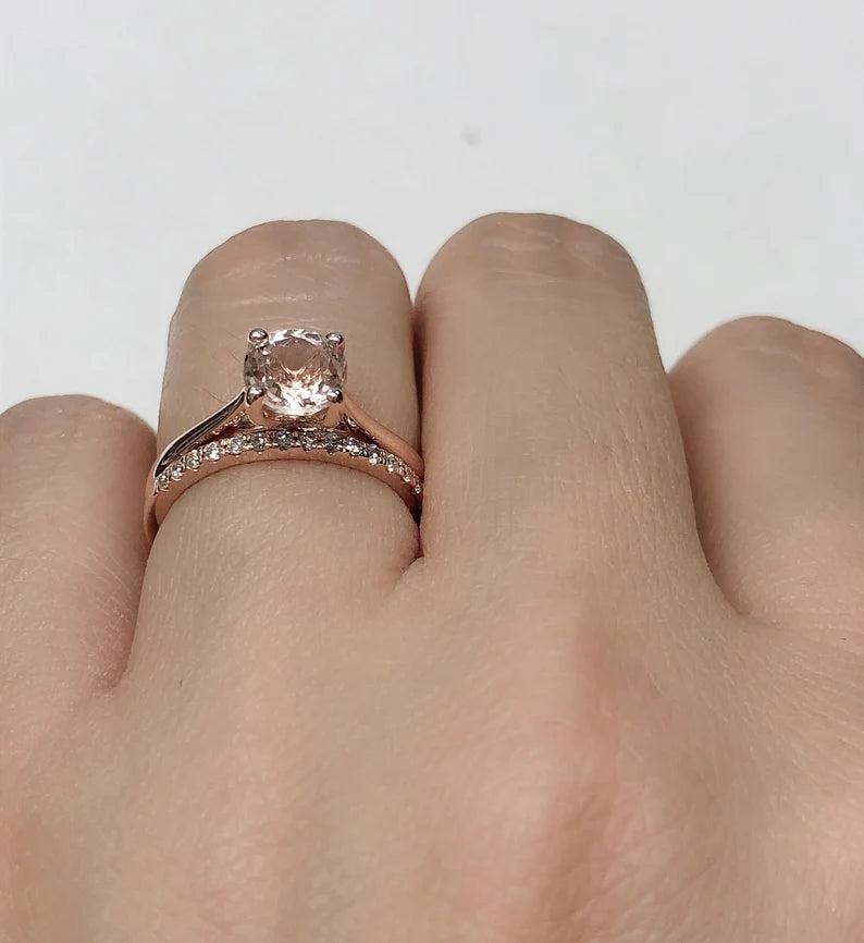 Rose Gold Morganite Round Cut Wedding Set , Round Morganite Engagement Ring , Morganite Wedding Set, Morganite Engagement Ring Set