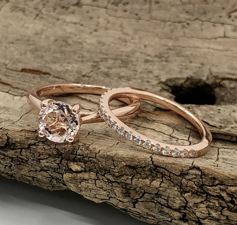 Rose Gold Morganite Round Cut Wedding Set , Round Morganite Engagement Ring , Morganite Wedding Set, Morganite Engagement Ring Set