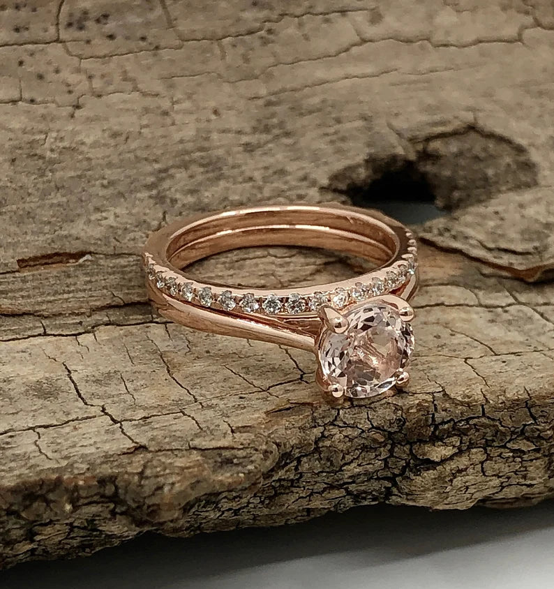 Rose Gold Morganite Round Cut Wedding Set , Round Morganite Engagement Ring , Morganite Wedding Set, Morganite Engagement Ring Set