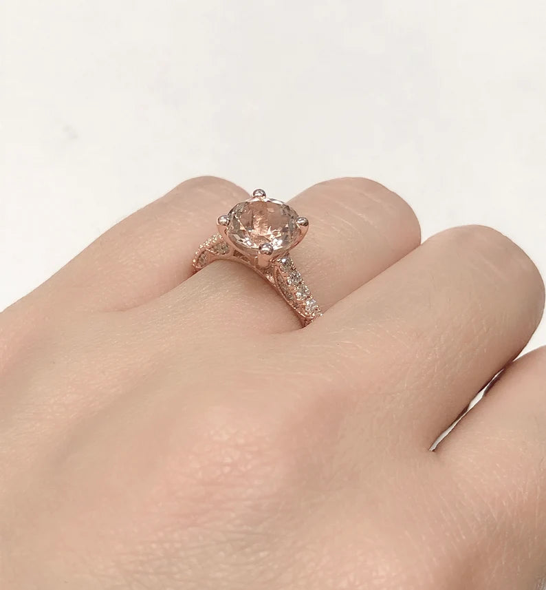 14k Rose Gold Diamond Ring Engagement Ring 8mm/1.58 Carats Round Cut Morganite Ring Diamond Wedding Ring Anniversary Ring