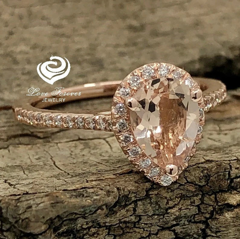 14k Rose Gold Diamond Ring Morganite Ring Engagement Ring 8x6mm/1.15 Carats Pear Cut Morganite Diamond Halo Ring Anniversary Ring