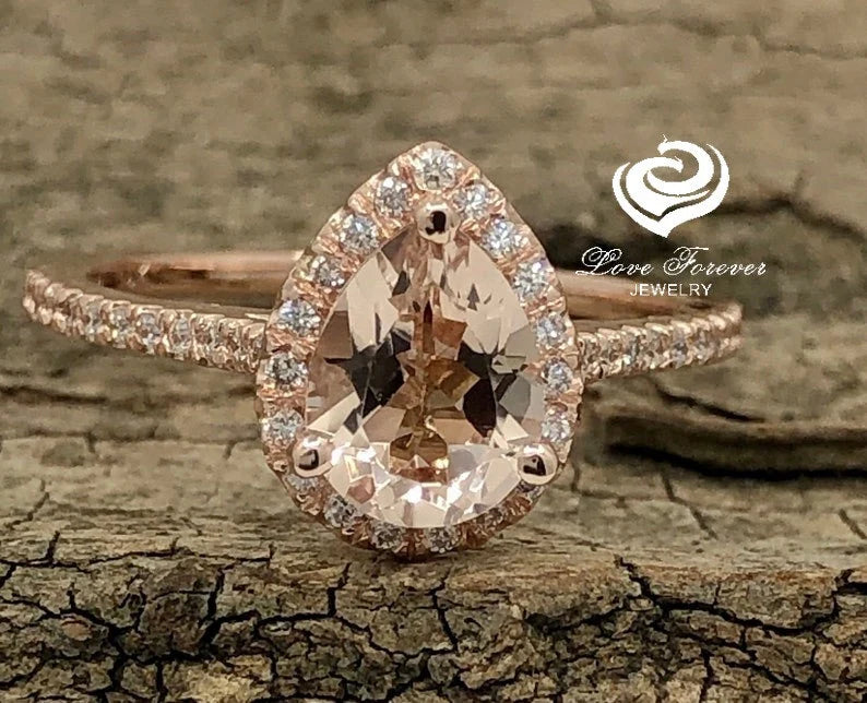 14k Rose Gold Diamond Ring Morganite Ring Engagement Ring 8x6mm/1.15 Carats Pear Cut Morganite Diamond Halo Ring Anniversary Ring