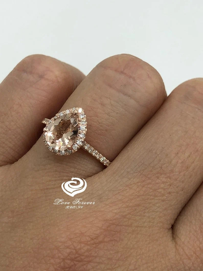 14k Rose Gold Diamond Ring Morganite Ring Engagement Ring 8x6mm/1.15 Carats Pear Cut Morganite Diamond Halo Ring Anniversary Ring