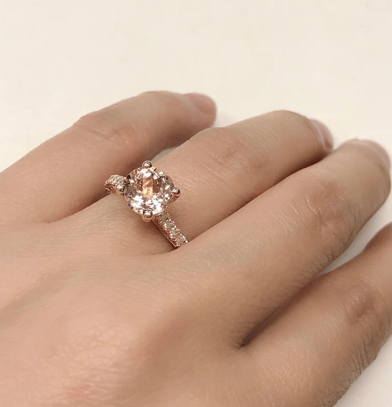 14k Rose Gold Diamond Ring Engagement Ring 8mm/1.58 Carats Round Cut Morganite Ring Diamond Wedding Ring Anniversary Ring