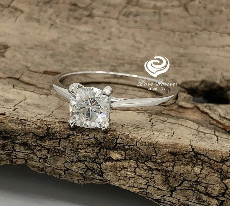 1 CT Cushion Engagement Ring 14k White Gold, Forever One DEF Moissanite Engagement Ring, Wedding Ring, Anniversary Ring