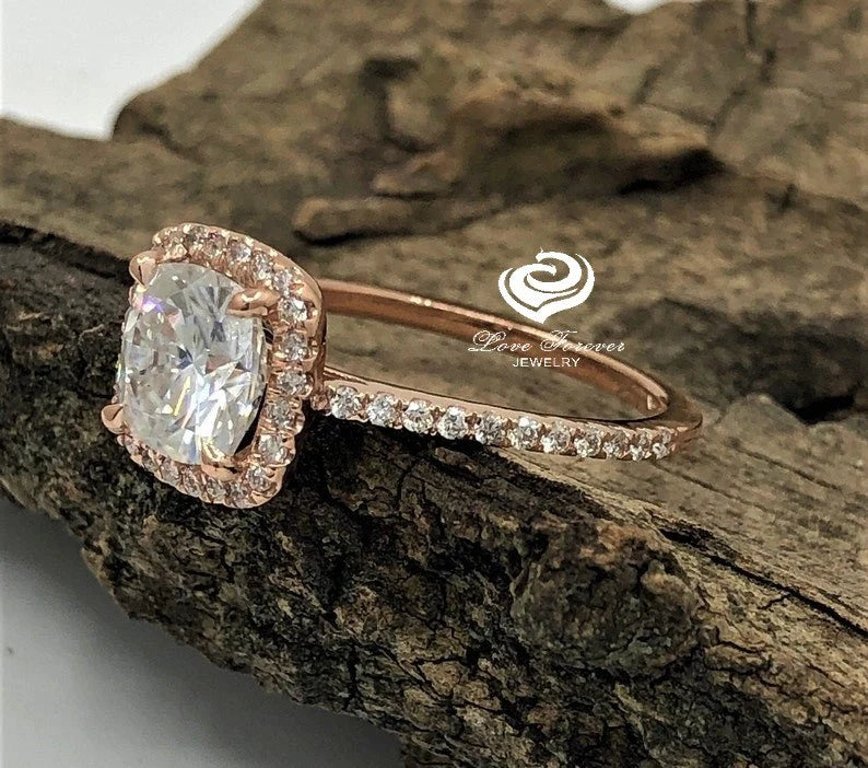 1.66 CT Cushion Cut Engagement Ring 14k Rose Gold, Forever One Cushion Moissanite Ring, Diamond Halo Ring, Diamond Wedding Ring