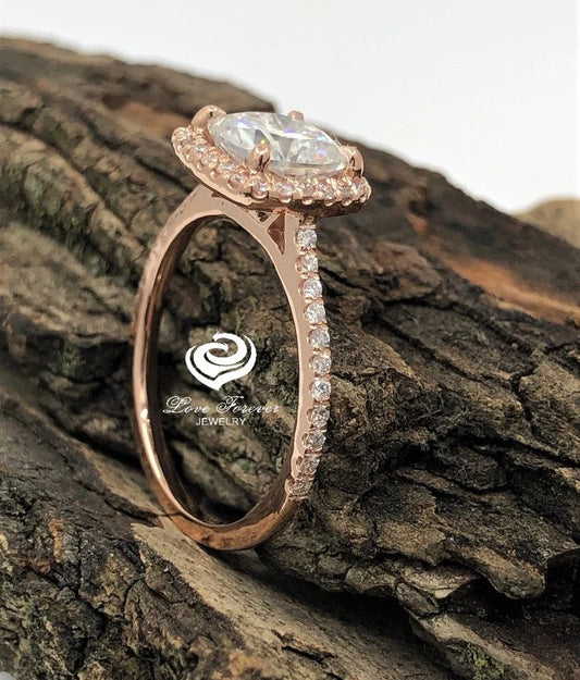 1.66 CT Cushion Cut Engagement Ring 14k Rose Gold, Forever One Cushion Moissanite Ring, Diamond Halo Ring, Diamond Wedding Ring