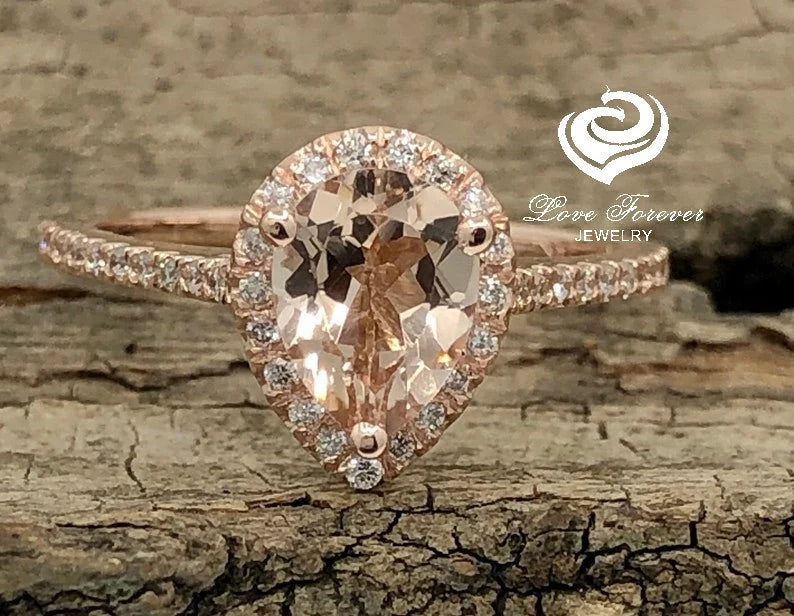 14k Rose Gold Diamond Ring Morganite Ring Engagement Ring 8x6mm/1.15 Carats Pear Cut Morganite Diamond Halo Ring Anniversary Ring