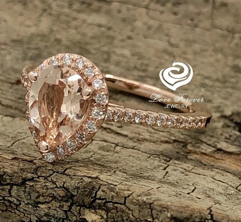 14k Rose Gold Diamond Ring Morganite Ring Engagement Ring 8x6mm/1.15 Carats Pear Cut Morganite Diamond Halo Ring Anniversary Ring