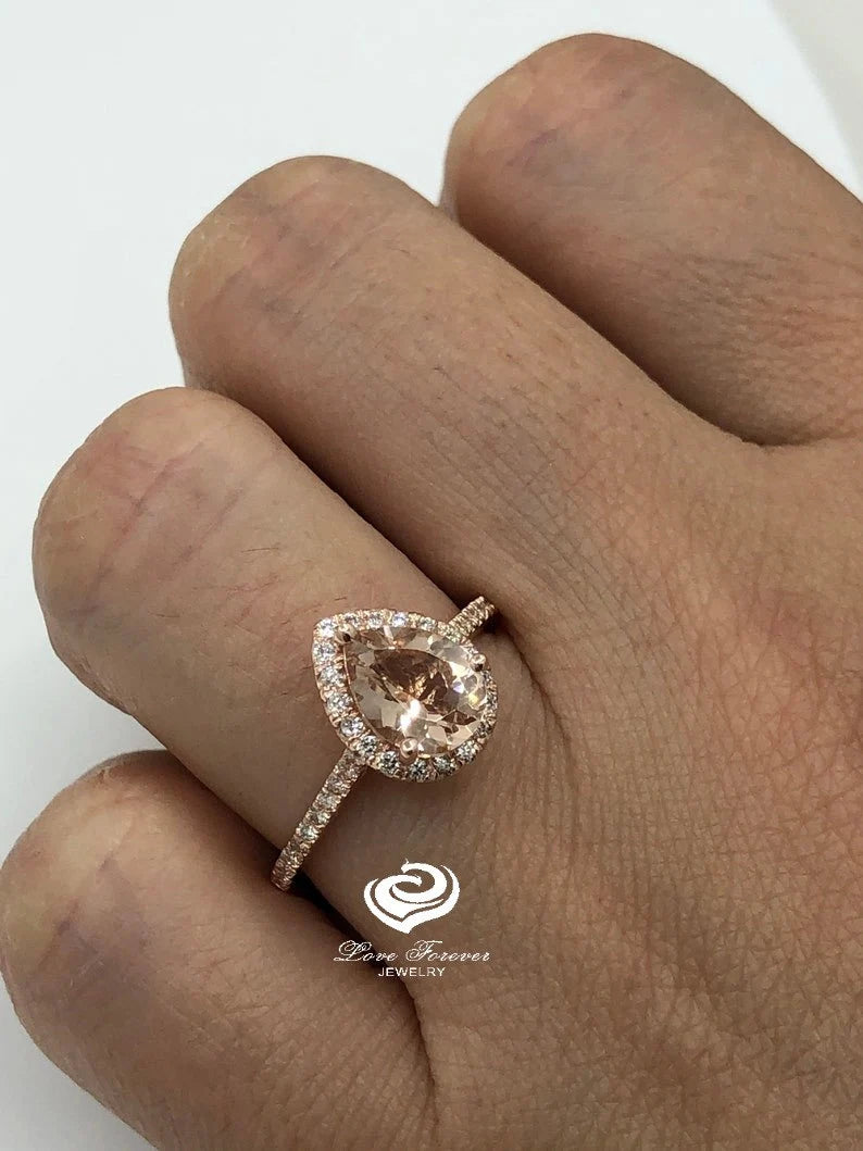 14k Rose Gold Diamond Ring Morganite Ring Engagement Ring 8x6mm/1.15 Carats Pear Cut Morganite Diamond Halo Ring Anniversary Ring