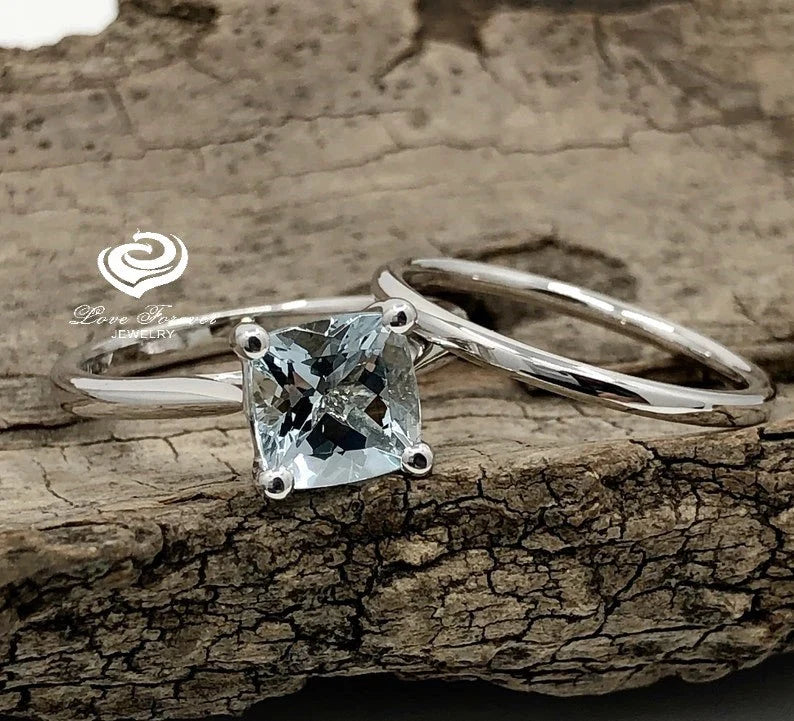 Cushion Cut Aquamarine & Diamond Halo Engagement Ring 14K White Gold