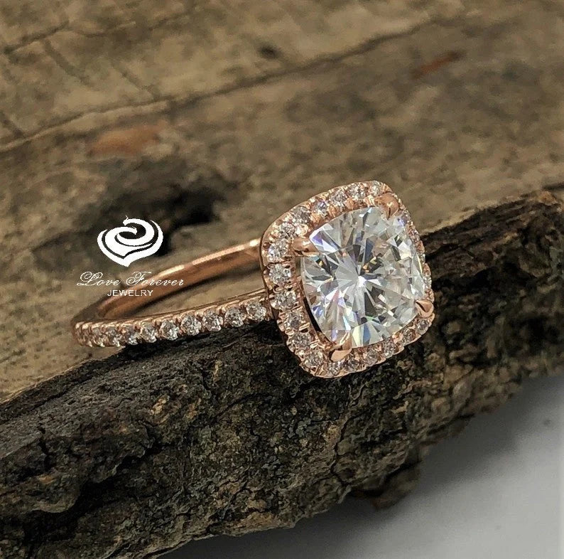 1.66 CT Cushion Cut Engagement Ring 14k Rose Gold, Forever One Cushion Moissanite Ring, Diamond Halo Ring, Diamond Wedding Ring