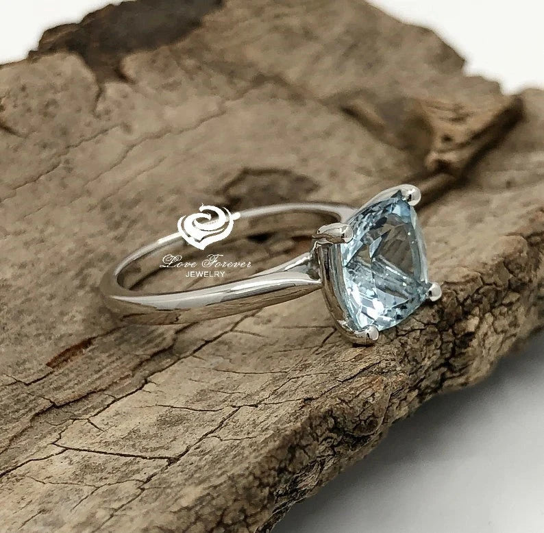 Cushion Engagement Ring 14k White Gold Aquamarine Ring 9mm Dark Blue Aquamarine Solitaire Ring Anniversary Ring Wedding Ring