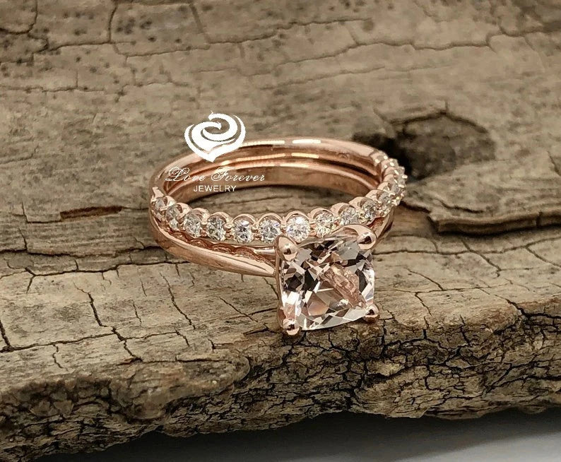 14k Rose Gold Morganite Cushion Wedding Set, Cushion Morganite Engagement Ring, Morganite Wedding Set, Morganite Engagement Ring, Diamond Ring