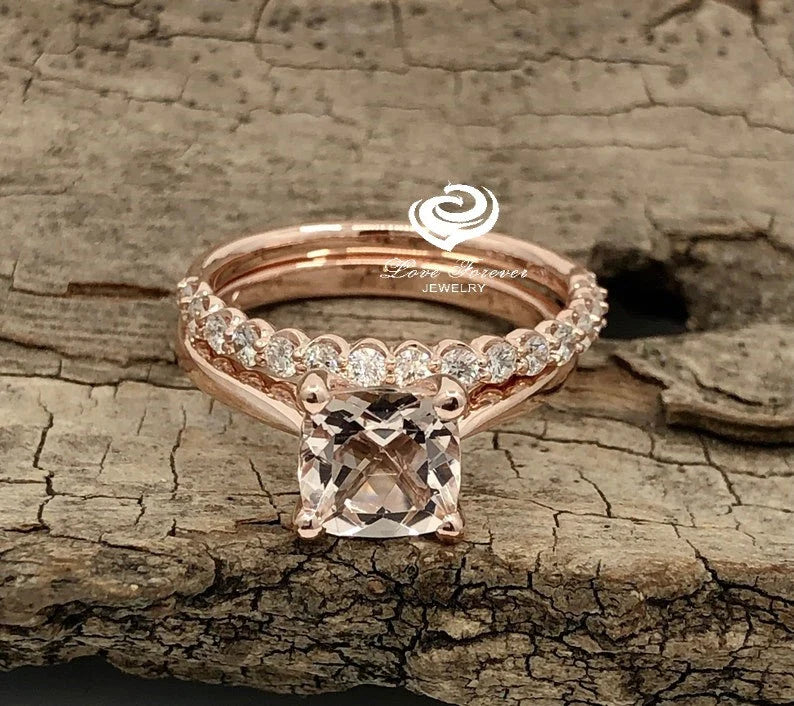 14k Rose Gold Morganite Cushion Wedding Set, Cushion Morganite Engagement Ring, Morganite Wedding Set, Morganite Engagement Ring, Diamond Ring