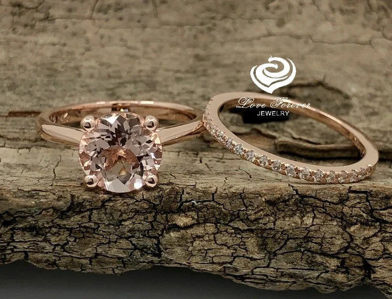 Rose Gold Morganite Round Cut Wedding Set, Round Morganite Engagement Ring, Morganite Wedding Set, Morganite Engagement Ring, Diamond Ring