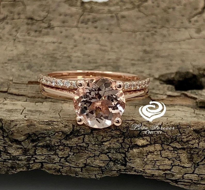 Rose Gold Morganite Round Cut Wedding Set, Round Morganite Engagement Ring, Morganite Wedding Set, Morganite Engagement Ring, Diamond Ring