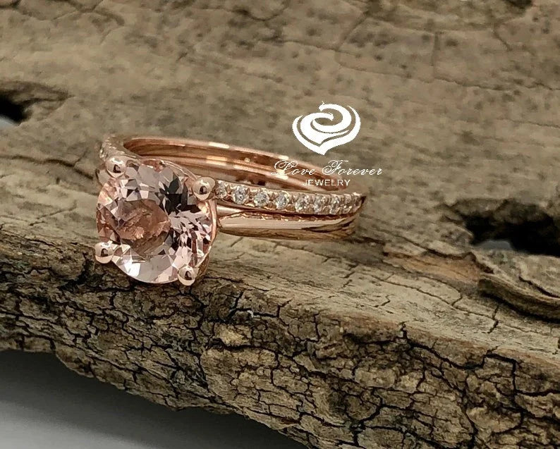 Rose Gold Morganite Round Cut Wedding Set, Round Morganite Engagement Ring, Morganite Wedding Set, Morganite Engagement Ring, Diamond Ring