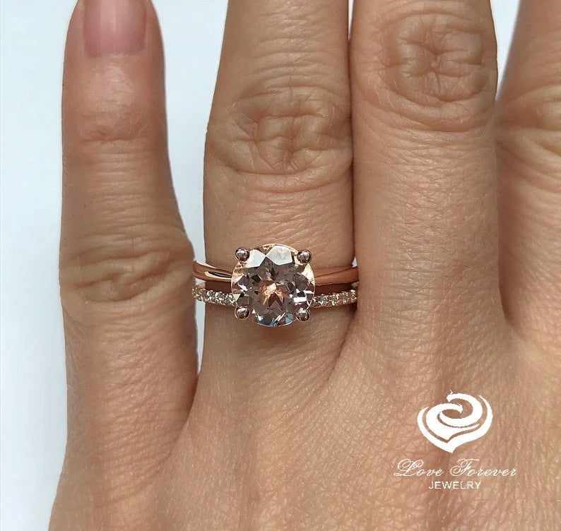 Rose Gold Morganite Round Cut Wedding Set, Round Morganite Engagement Ring, Morganite Wedding Set, Morganite Engagement Ring, Diamond Ring