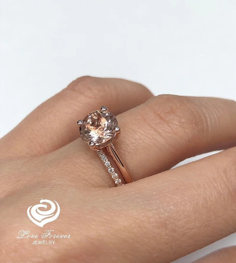 Rose Gold Morganite Round Cut Wedding Set, Round Morganite Engagement Ring, Morganite Wedding Set, Morganite Engagement Ring, Diamond Ring