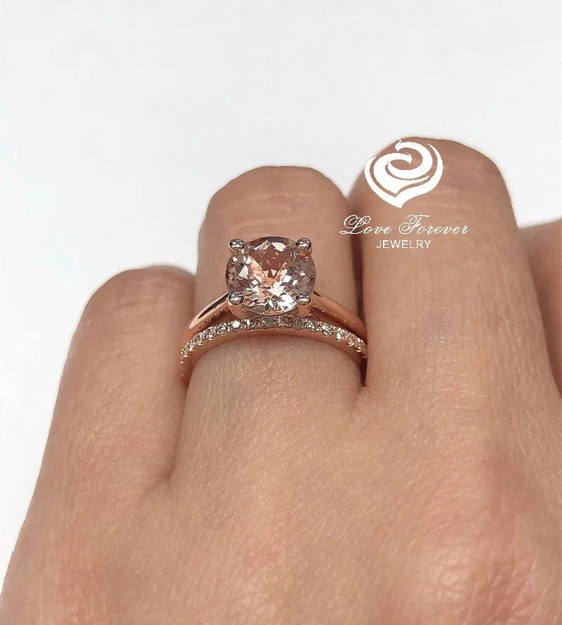 Rose Gold Morganite Round Cut Wedding Set, Round Morganite Engagement Ring, Morganite Wedding Set, Morganite Engagement Ring, Diamond Ring