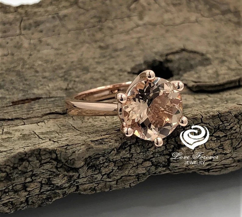 14k Rose Gold Solitaire Ring Morganite Ring Engagement Ring 9mm/2.60 Carats Round Cut Morganite Wedding Ring Anniversary Ring